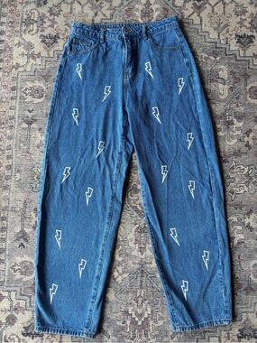 SHEIN Blue Denim Boyfriend Jeans with White Lightning Bolts